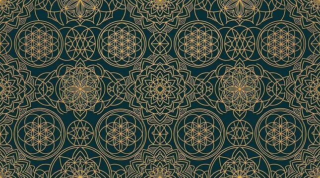 Ornate golden sacred geometry and mandala seamless pattern