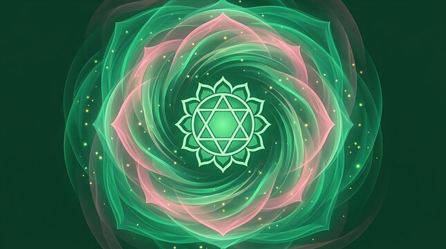 Radiant green heart chakra symbol with glowing energy swirls