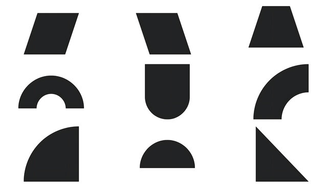 Minimalist black abstract geometric shapes including parallelogram trapezoid semicircle and quadrant curves arranged in grid over white background.