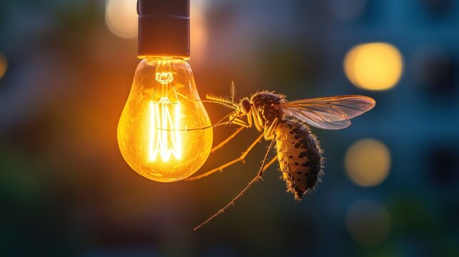 Mosquito resting on a glowing vintage edison light bulb in the dark evening creating a sharp macro composition with soft blurred golden bokeh light background
