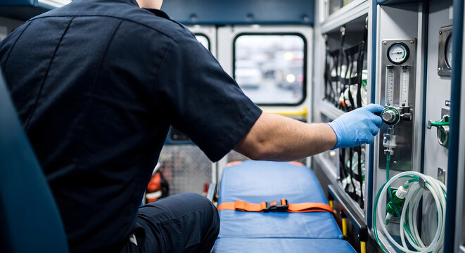 Paramedic in blue uniform adjusting oxygen flow meter inside emergency ambulance vehicle ready for patient transport to hospital.