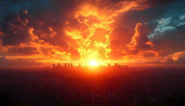 Ultra Realistic 3D Cinematic Hollywood Cityscape at Sunset with Golden Hour Light, Volumetric Rays and Epic Urban Architecture 