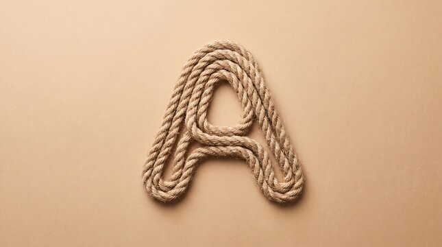 Top view shot of letter A shaped from thick jute rope laid on a plain beige surface with warm natural illumination creating a rustic mood