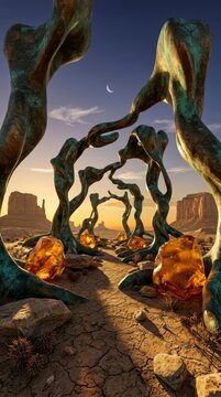 Surreal desert landscape with bronze arches and glowing amber