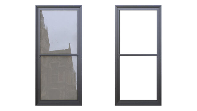 Classic New York double hung sash window set on transparent background. Includes version with realistic glass reflection and empty frame mockup for architectural design and photo composition.