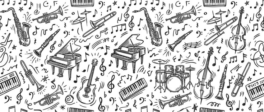 Hand-drawn musical instruments and notes pattern isolated