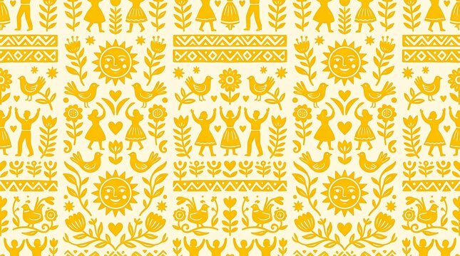 Yellow folk art pattern with people birds and sun motifs