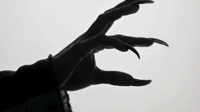 A slow-motion silhouette of a zombie hand on a white background