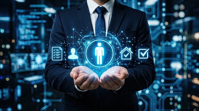 Businessman holding digital network for global business solutions: customer, HR, property management, and data security.