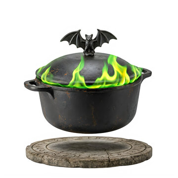 Halloween cauldron with green flames and bat handle, spooky witch cooking pot, fantasy magic kitchen prop, vintage mystical cauldron with lid, black ceremonial cooking vessel isolated PNG with