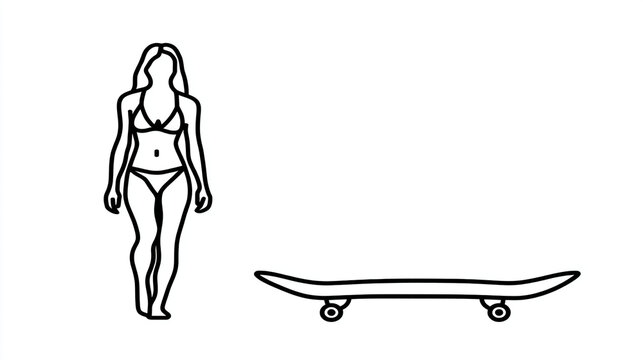 Simple line art illustration of woman in bikini standing next to skateboard with illustration