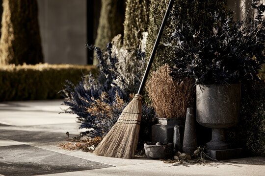A modern topiary maze corner featuring a broom leaning nearby in crisp autumn noon light alongside dried herbs.