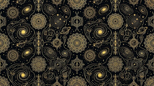 Golden mystical celestial pattern with mandalas and galaxies