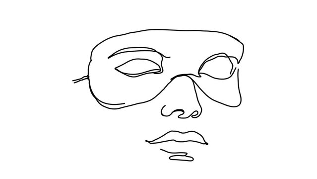 Minimalist mask line art illustration white background.