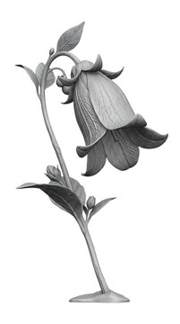 Grey bellflower sculpture with detailed botanical blossoms and leaves