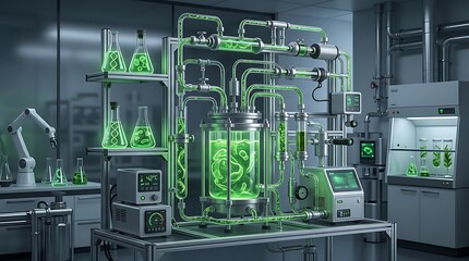 Fototapeta premium Futuristic Biotechnology Laboratory with Advanced Bioreactor System and Glowing Green Biofuel Fluid