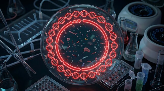 Scientific Illustration of Circular DNA Plasmid Replication Process in a Biotechnology Laboratory