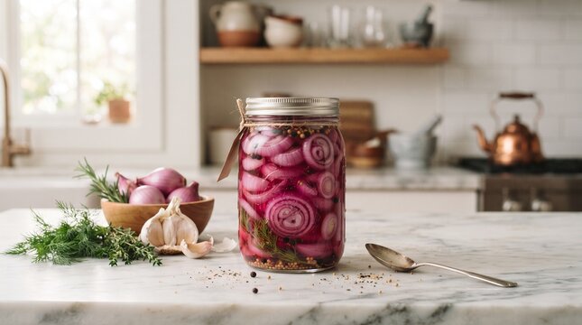 Glass Jar of Homemade Pickled Shallots with Garlic and Herbs Food Preservation Condiment Kitchen Photography
