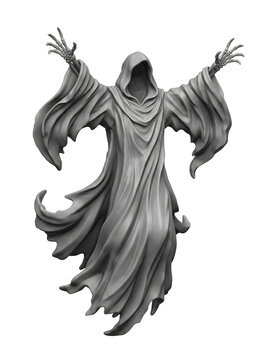 Floating hooded specter ghost in flowing robes with skeletal hands