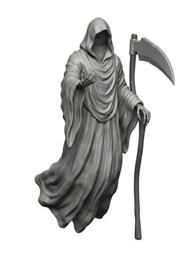 Detailed gray grim reaper sculpture figurine holding scythe and bone h
