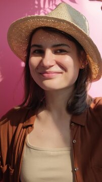 Vertical video of young beautiful happy brunette woman in straw hat smiling on the pink background	