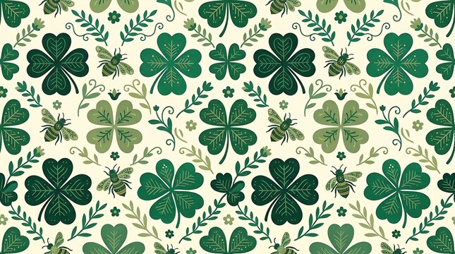 Seamless pattern with four leaf clovers and bees in folk art style