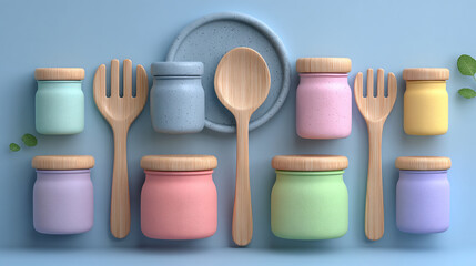 Fototapeta premium Pastel colored jars and wooden cutlery set arranged on blue background with kitchenware, utensils