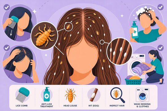 Head lice and nits medical infographic showing hair infestation removal combs and hygiene treatments
