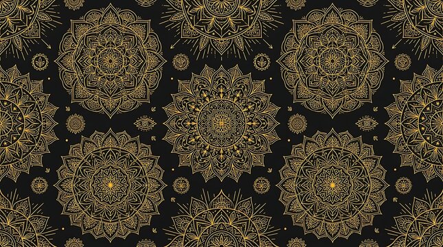 Ornate gold mandala repeat pattern with intricate floral details