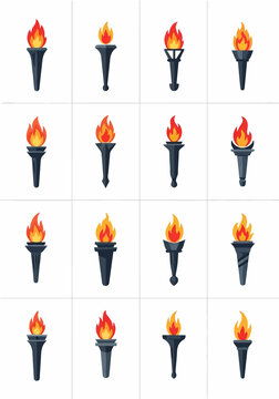 Set of sixteen different flaming torches isolated on white background.