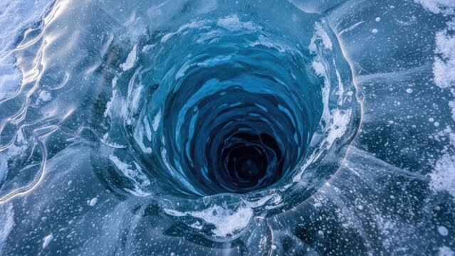 Looking down into a deep, dark ice hole in frozen water.