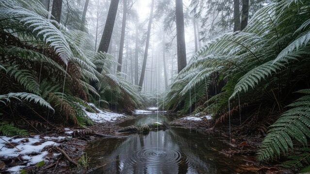 Misty forest stream with snow-covered ferns and water drop ripples