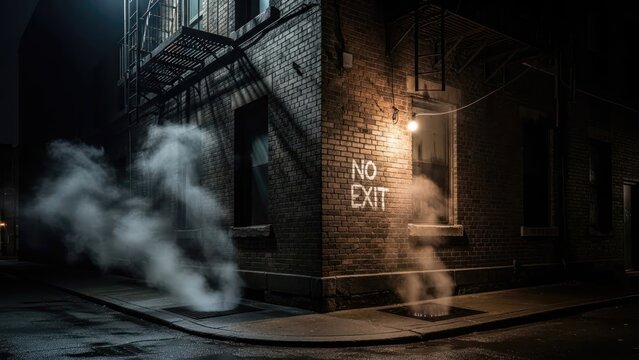 Dark urban alleyway at night with steam and 'No Exit' sign.
