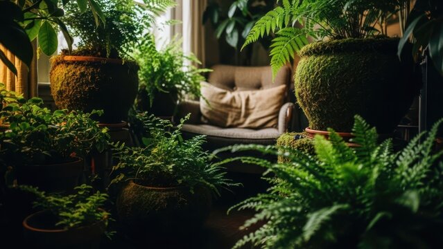 Lush indoor garden with various potted plants and ferns creating a tranquil green space.
