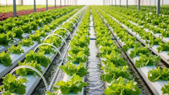 Rows of fresh green lettuce growing in a modern hydroponic farm.