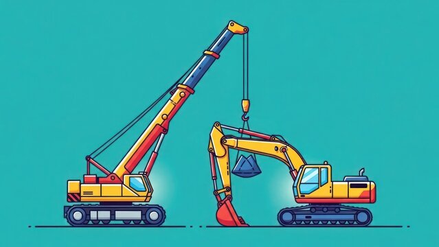 Vector illustration of a yellow construction crane and excavator.