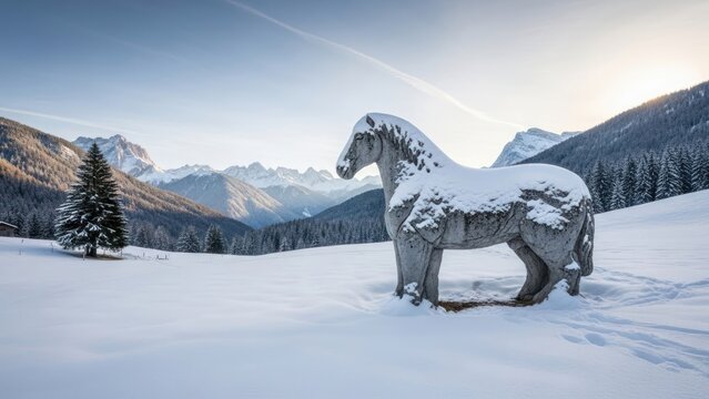 Snow-covered horse sculpture in a serene winter mountain landscape.