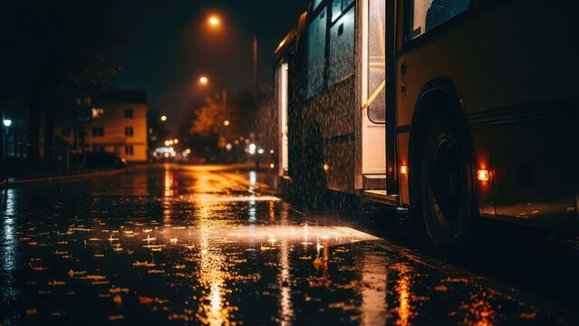 Rainy Night Street with Bus and Reflecting City Lights