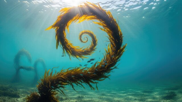Spiral kelp with fish illuminated by sunbeams underwater