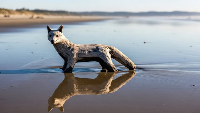 Driftwood fox sculpture reflecting in shallow water on a serene beach.