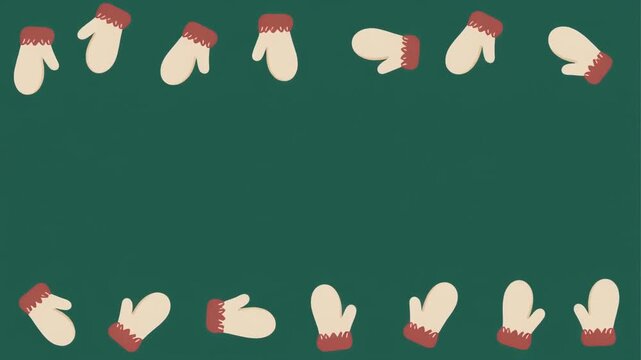 深緑の背景の上下に生成りと赤のミトン手袋が並ぶ冬とクリスマスのフラットデザイン動画