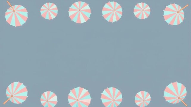 くすんだ水色の背景の上下に縞模様の紙の日傘が並ぶ夏のフラットデザイン動画