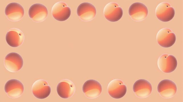 サーモンピンクの背景の四辺に桃の果実が並ぶ夏らしいフラットデザインの動画