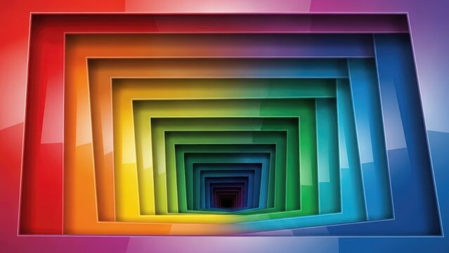 Abstract background with colorful rainbow rectangular layered 3D tunnel and dynamic depth effect.