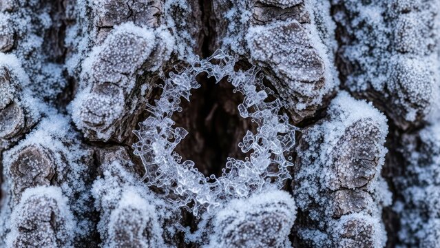 Intricate frosty ice formation on tree bark in winter