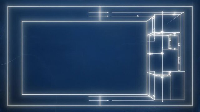 紺色の背景に白線で建築図面の間取りが描かれていく動く映像