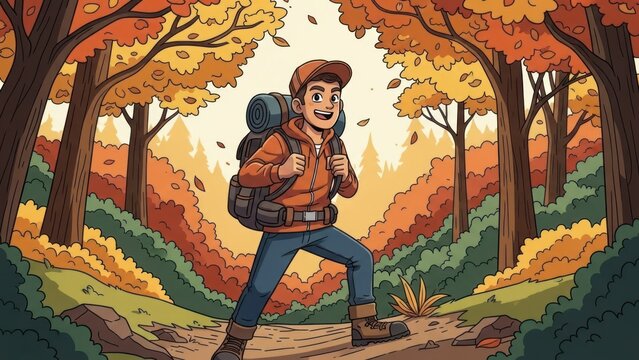 Happy man hiking in an autumn forest with a backpack.