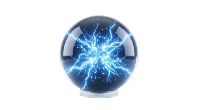 Glowing plasma ball with blue electric lightning bolts, magical crystal sphere with energy discharge, mystical glass orb for fortune telling and science isolated PNG with Transparent Background