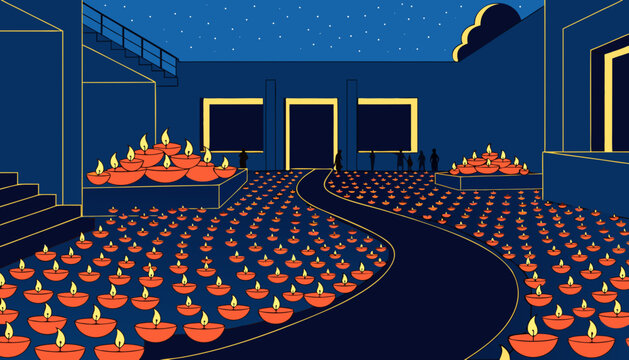 Nighttime courtyard illuminated by hundreds of glowing earthen lamps along a winding path in minimalist vector illustration with depicts dark courtyard