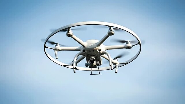 Advanced hexacopter drone hovering smoothly against clear sky background with blurred propellers against captures sleek hexacopter drone maintaining stable hover flight blurred